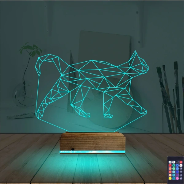 Kedi Polygonal Tasarım 3D Lamba - Masa Gece Lambası
