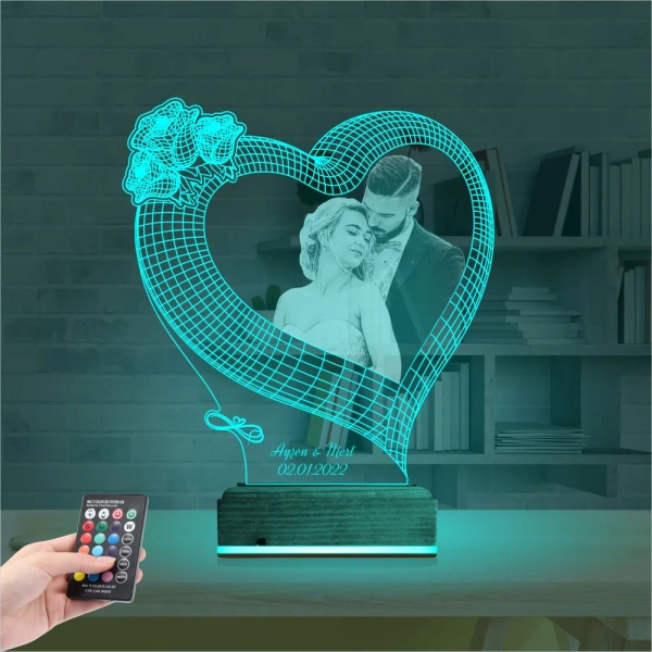 Kalp Gül Sevgiliye Hediye Fotoğraflı 3D Lamba - Masa Gece Lambası