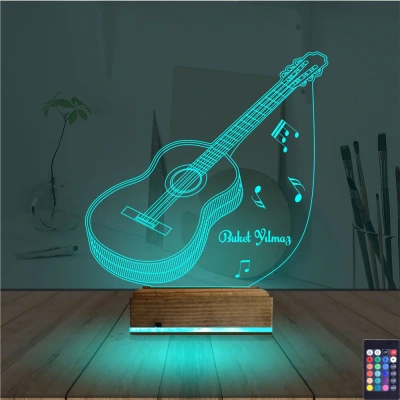 Klasik Gitar Müzik Nota Kişiye Özel 3D Lamba - Masa Gece Lambası