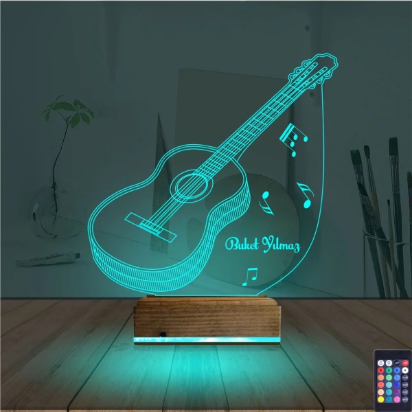 Klasik Gitar Müzik Nota Kişiye Özel 3D Lamba - Masa Gece Lambası