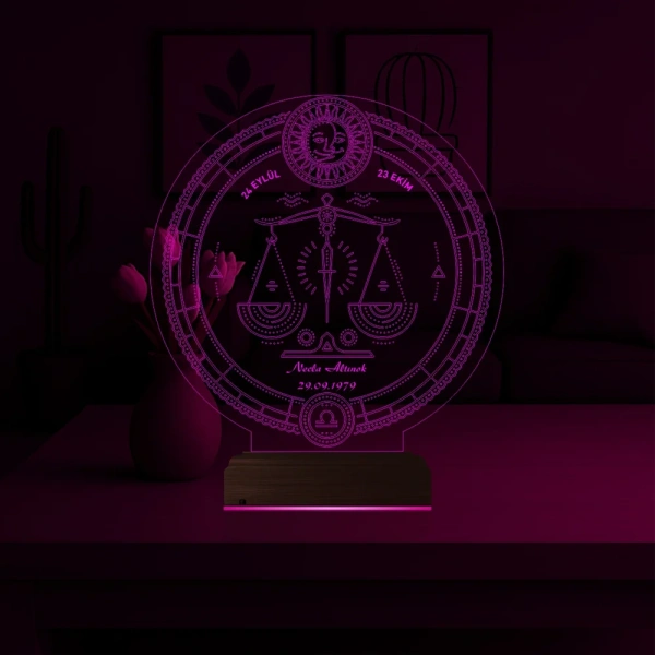 Astroloji Terazi Burcu Kişiye Özel 3D Lamba - Masa Gece Lambası