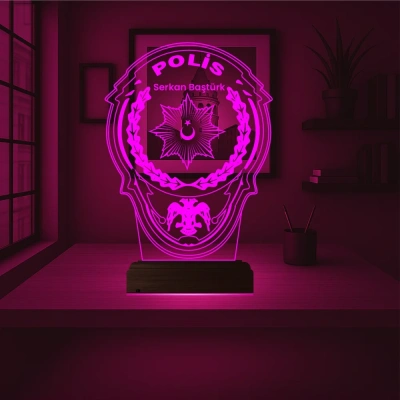 Polise Hediye Polis Logo Kişiye Özel 3D Lamba - Masa Gece Lambası