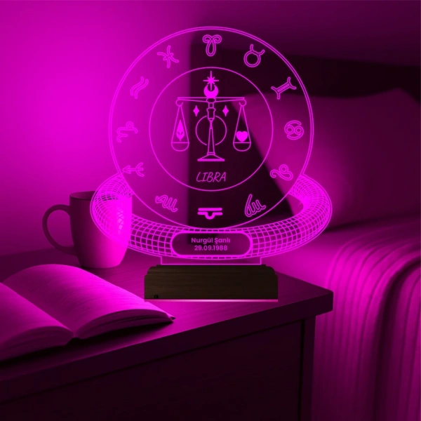 Terazi Burcu Libra Astroloji Doğum Günü Hediyesi Kişiye Özel 3D Lamba - Masa Gece Lambası